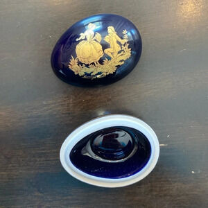 Vintage Limoges Castel France Miniature Egg Shaped Trinket Blue‎ and Gold 2.5"